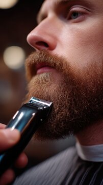 Barber giving a beard trim to a client in a barbershop during afternoon hours