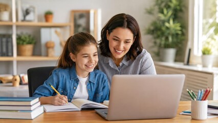 Obraz premium Mother and daughter smiling while doing homework together at a laptop in a bright home study