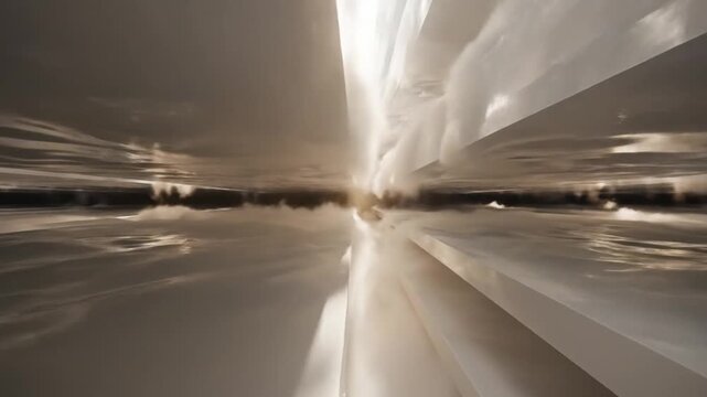 Abstract animation of thick white fog and mist interacting with geometric layered solid planes and architectural surfaces in a symmetrical perspective layout with light rays.