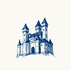 Fototapeta premium Doodle sketch of an old castle. Hand drawn ink blue medieval fortress with towers, and spires for kids book, game or fantasy design. Old kingdom stronghold isolated icon.