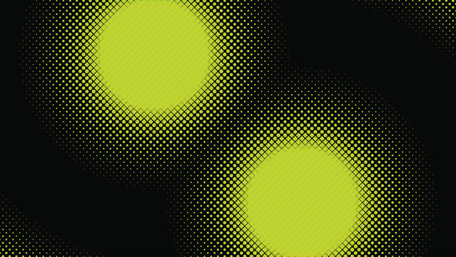 Abstract graphic design featuring bright lime green circles and swirling halftone dot patterns against a solid black background creating a retro pop art or modern tech aesthetic with dynamic visual