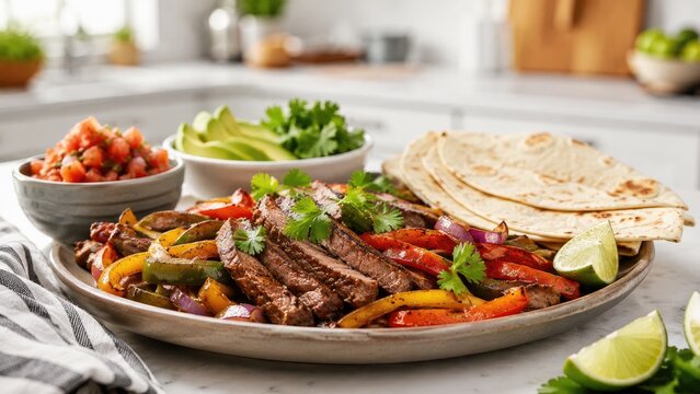 Plated steak fajitas with grilled peppers and onions, warm flour tortillas, lime wedges, avocado, pico de gallo and cilantro in a bright kitchen setting