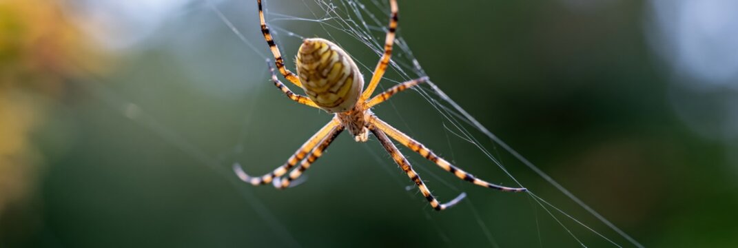 Orb weaver spider hanging suspended on web outdoors