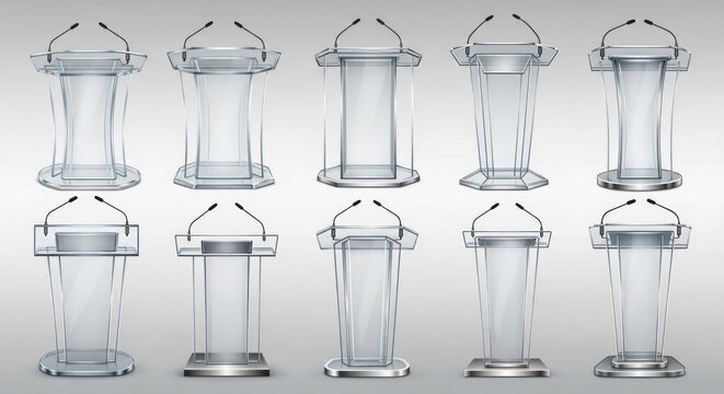 Multiple transparent acrylic glass lecterns on grey background.