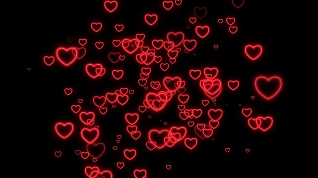 Glowing red heart outline animation with dynamic floating motion randomly from center on black background. 4K animated for love overlay, romantic background, wedding intro, and motion graphics.