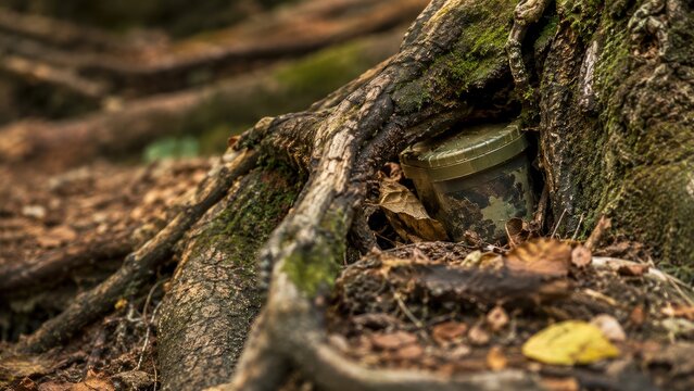 Camouflage container tucked among gnarled tree roots on a forest floor, surrounded by moss and fallen leaves