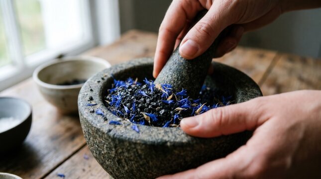 Hands grind blue cornflower petals and black ingredients in a mortar, creating natural homemade beauty and skincare products.