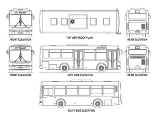 Technical CAD drawing of a city bus with multiple orthographic views and blueprints © kasun