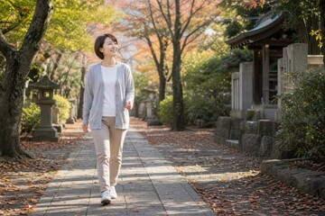 Fototapeta premium 神社そばの紅葉道を歩く女性の散歩