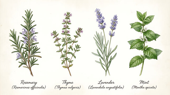 herbs botanical illustration rosemary thyme lavender mint