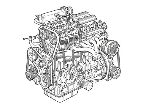 Technical CAD Illustration of a Four Cylinder Internal Combustion Engine Assembly with Detailed Mechanical Pistons and Valve Components