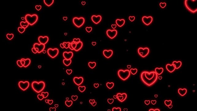 Glowing red heart outline animation with dynamic upward motion randomly from bottom to top on black background. 4K animated for love overlay, romantic background, wedding intro, and motion graphics.