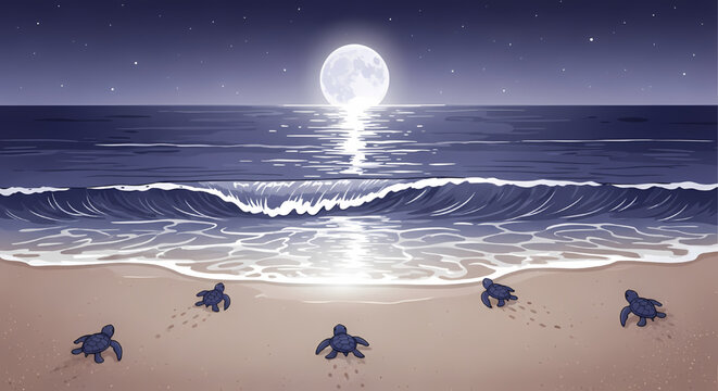 Baby sea turtles crawling on a sandy beach at night under a full moon