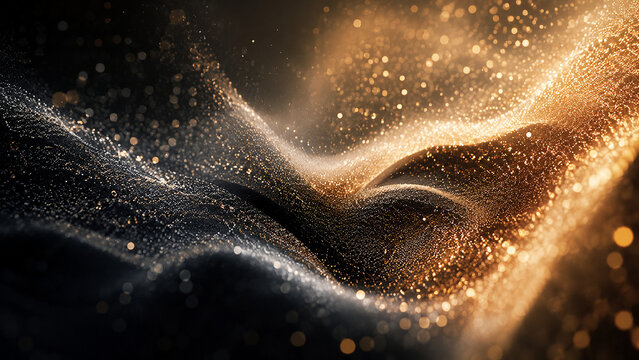 Abstract Dark Background with Glowing Golden Glitter Dust Particles Wave Luxury