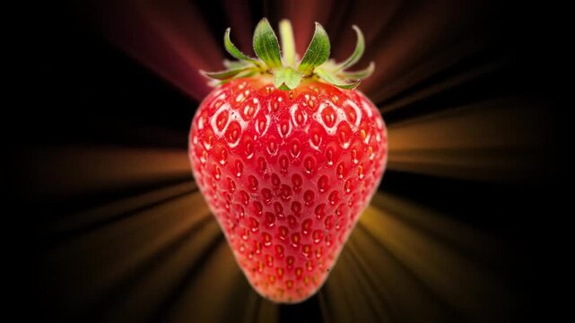 Macro shot of a single red strawberry emitting bright golden and purple light rays against a black background, conceptual fruit transformation into energy beams and glowing aura.