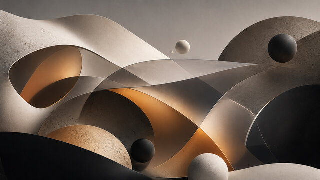 Abstract 3D Sculptural Wavy Forms with Floating Spheres in Beige Gold and Grey