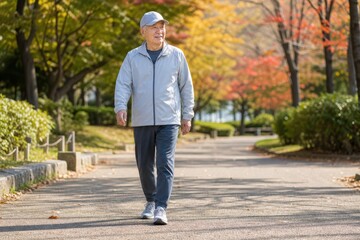 Fototapeta premium 紅葉の公園道を歩くシニア男性