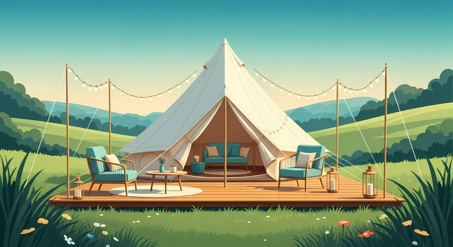 Luxury glamping setup with a canvas tent and outdoor lounge on a wooden deck