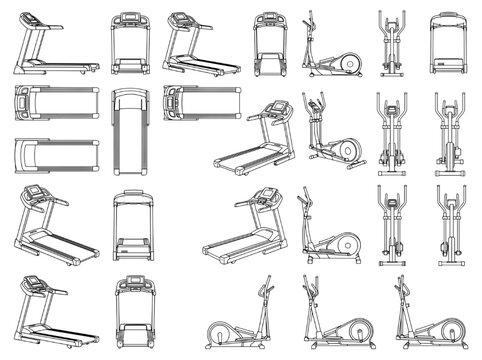 Professional CAD technical drawings and schematic blueprints of gym exercise equipment featuring treadmills and elliptical trainers