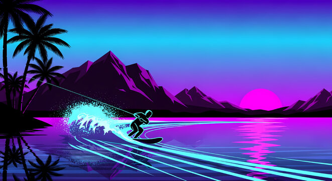 Retro synthwave style illustration of a person wakeboarding at sunset