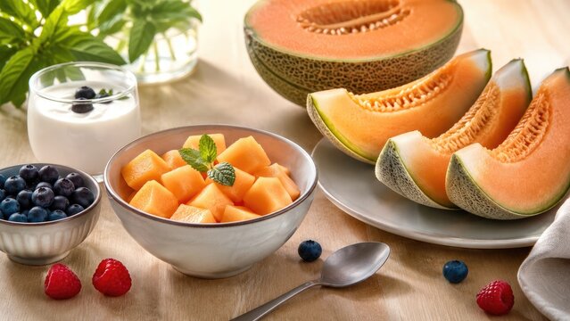 Fresh ripe cantaloupe melon halves, slices and cubed melon with yogurt, blueberries and raspberries on a light wooden table