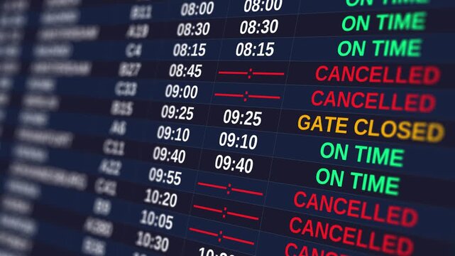 Airport flight information display system shows schedule board. Electronic schedule board lists multiple cancelled departures at airport due to extreme weather, IT failure, strike or fuel shortage