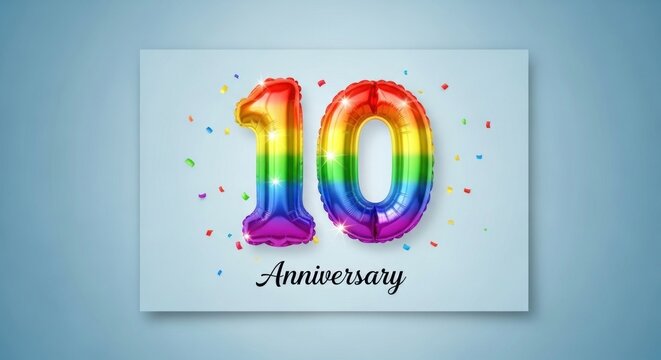 Rainbow number ten balloon for tenth anniversary celebration.