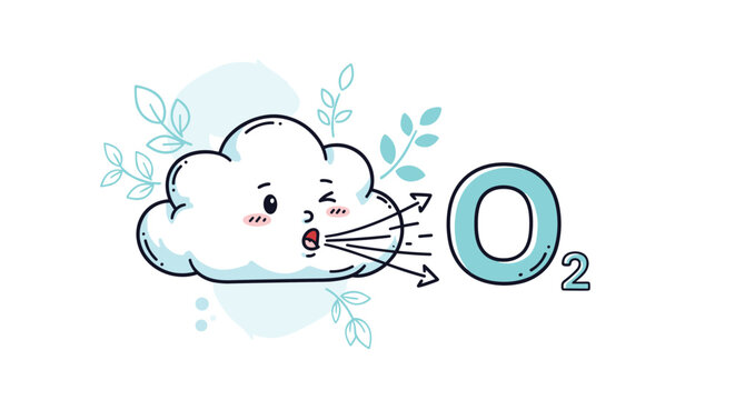 Cute cartoon cloud character blowing fresh air representing oxygen production for environmental and health concept designs.