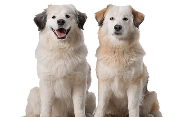 Obraz premium Two adorable dogs sitting side by side, front view portrait, one dog smiling with happy expression and open mouth, second dog calm and attentive, fluffy fur, realistic anatomy, highly detailed coat te