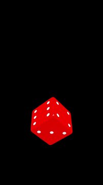 Red dice rotates and tumbles against a black background, showing changing numbered faces in a simple 3D animation