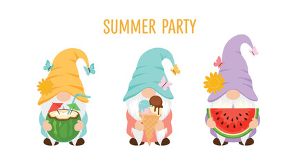 Fototapeta premium Three cute summer gnomes wearing colorful striped hats and flower crowns while holding fresh drinks and watermelon slices.
