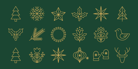 Christmas Holiday Decorative Line Icon Set Winter Festive Symbols Vector Collection © nasima0204