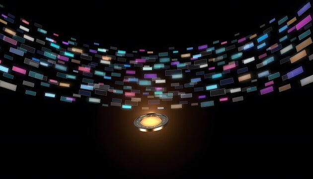 Coin Surrounded by Luminous Digital Advertising Panels for Digital Monetization