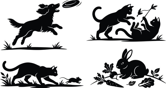 Black silhouettes of playful animals dog catching frisbee cats with toys and rabbit with carrots on a white background