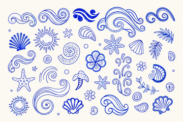 Fototapeta premium Beach And Ocean Line Art Illustration With Shells And Marine Life