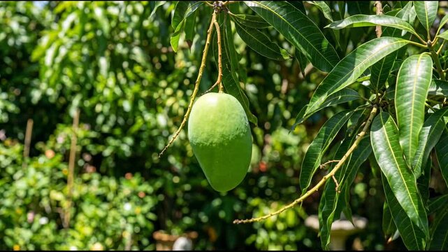 A single, perfect green mango hanging from a branch, its leaves catching the bright, midday sun