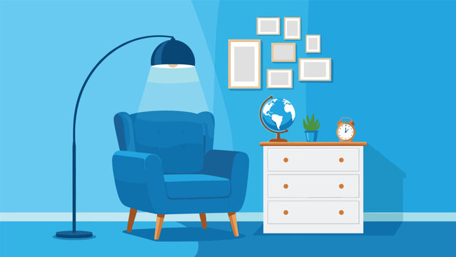 Cozy living room corner showcasing a plush blue armchair illuminated by a curved floor lamp next to a white dresser and gallery wall.