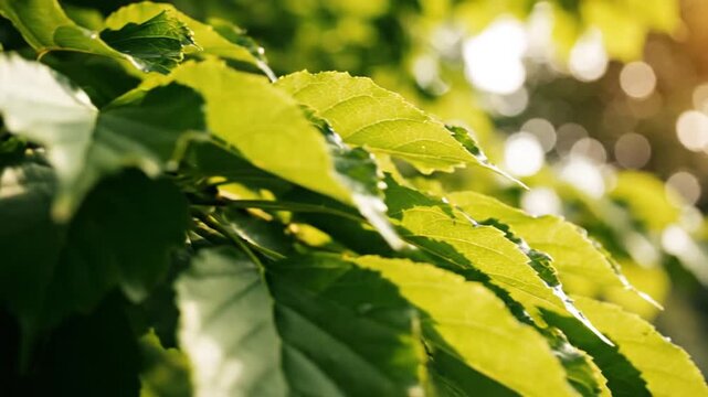 Close-up of green deciduous leaves overlapping in bright sunlight, highlighting organic texture, serrated margins, and leaf veins with soft blurred bokeh in the background.