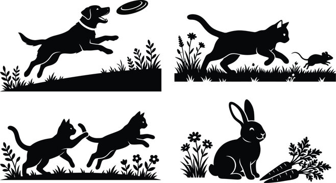 Black silhouette of a dog jumping to catch a frisbee with cat rabbit and mouse in a meadow