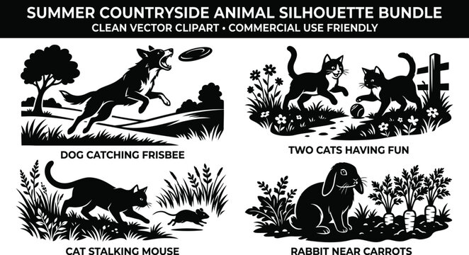 Dog catching a frisbee silhouette illustration with countryside elements on a white background