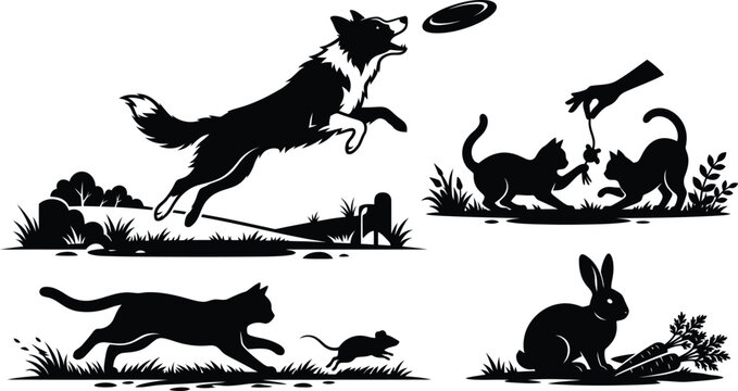 Black silhouette illustration of a border collie jumping to catch a frisbee with other animals in a park setting