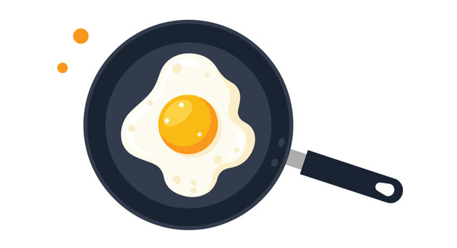 Top-down view of a single fried egg with a bright yellow runny yolk in a black non-stick frying pan against a clean white background.