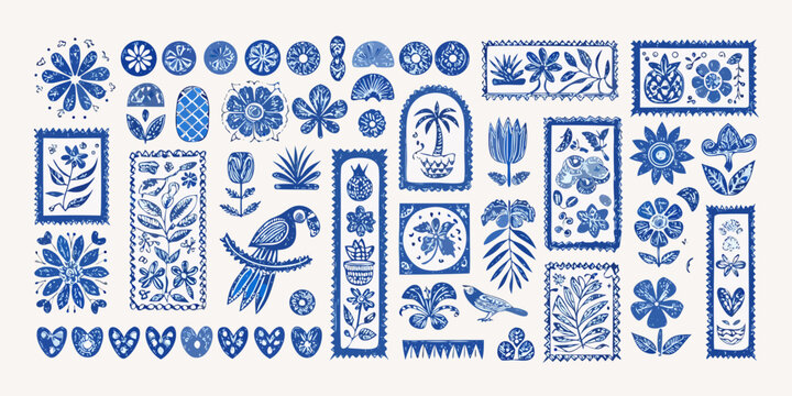 Delft blue tropical floral ornament collection detailed vector illustration