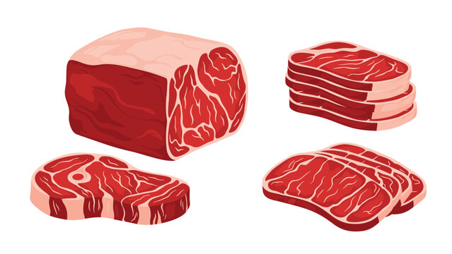 Various cuts of fresh raw red meat including a whole brisket and several marbled beef steaks for cooking and grilling preparations.