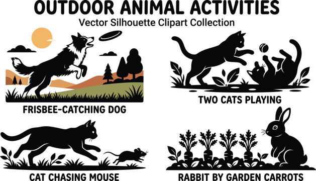 Silhouette of a dog catching a frisbee with a scenic landscape vector illustration on a white background