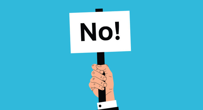 Person holding a white rectangular protest sign with the word No written on it against a solid bright blue background.