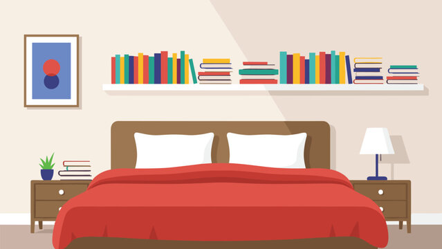Contemporary bedroom design showcases a vibrant red bed with white pillows and a long bookshelf filled with many books for a cozy atmosphere.