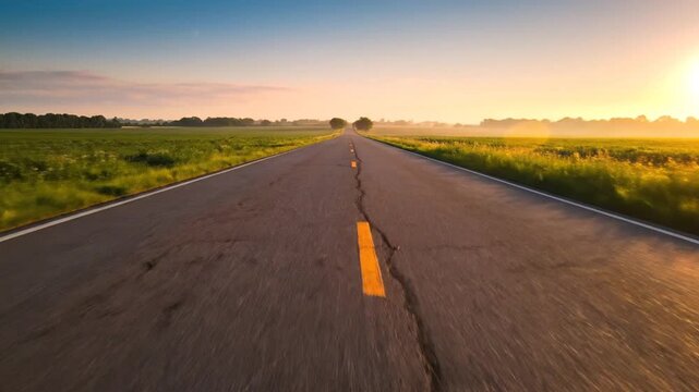 Straight cracked asphalt road through green agricultural fields at sunset with a soft hazy horizon and clear sky, perspective view from the center of the lane.