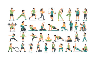 Fototapeta premium Fitness and exercise character set with stretching, running, yoga, training and healthy activity poses, fitness, exercise,