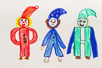 Funny little people, childrens drawing with colored markers